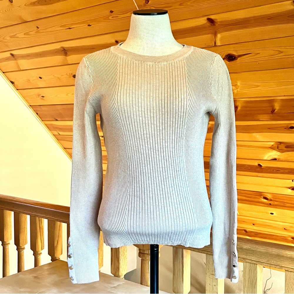 Worthington Women's Ribbed Pull Over Tan Sweater Crew Neck Gold Buttons Size S